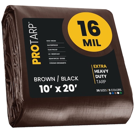 Protarp Heavy Duty Tarp, 10 ft x 20 ft, 16 Mil, Brown/Black, Polyethylene, Waterproof, Rip and Tear Proof PT-102-10X20